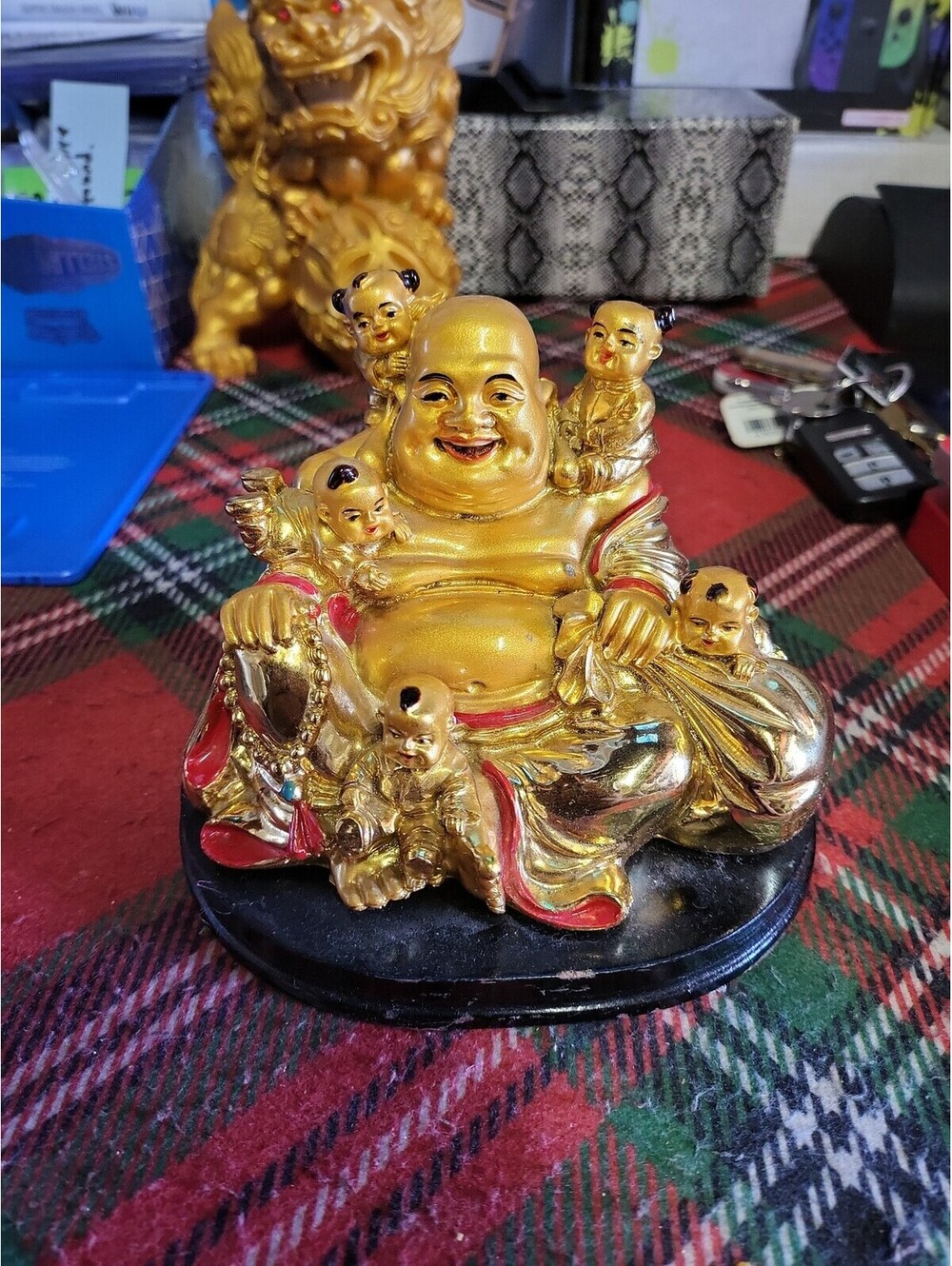 Feng Shui 4.5" Gold Laughing Buddha with 5 kids statue